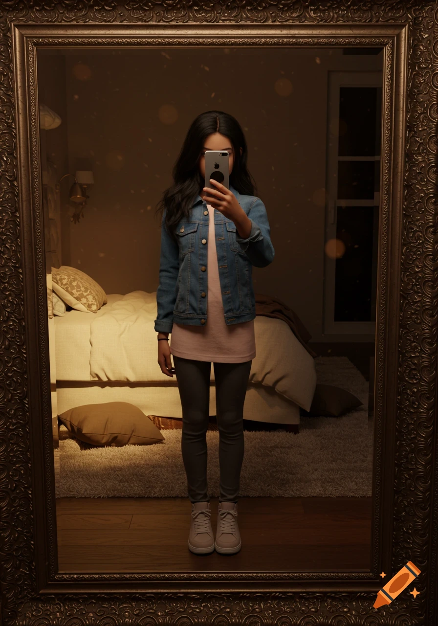 Young woman in a denim jacket taking a mirror selfie, her face obscured by the phone, in a dimly lit bedroom.