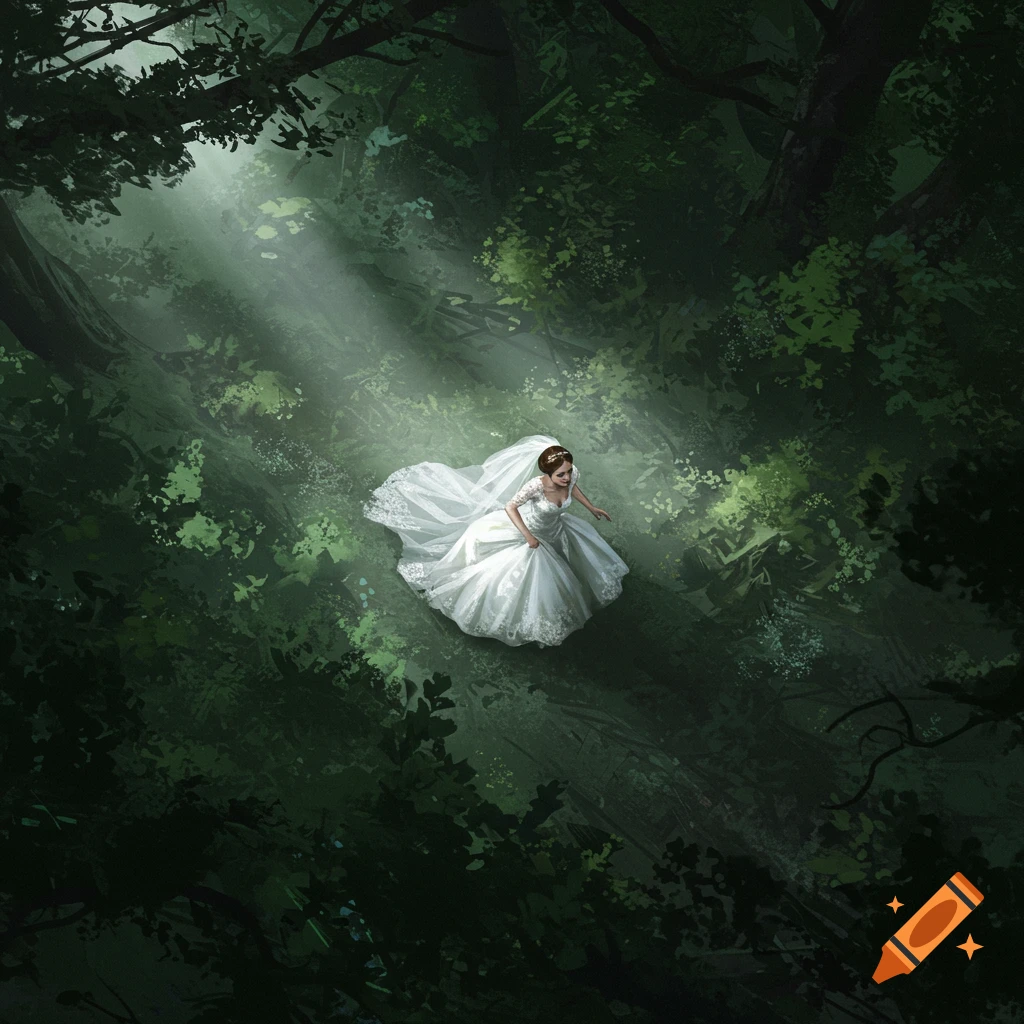 An aerial view of a bride in a white gown and veil standing in a lush, dark forest with sunlight breaking through the canopy.