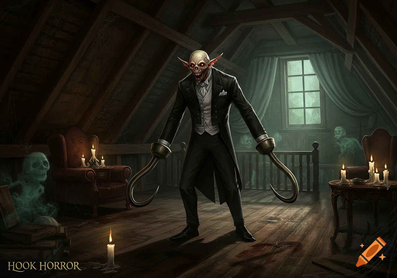 A skeletal monster in a butler uniform with hooks for hands stands in a haunted attic with ghost skulls, digital art.