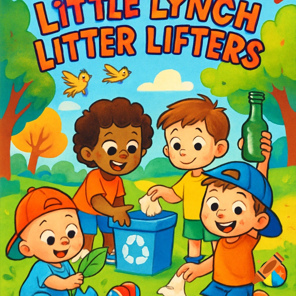 Cartoon illustration of four diverse children cleaning up litter in a sunny park with a recycling bin, under the title 'LITTLE LYNCH LITTER LIFTERS'.