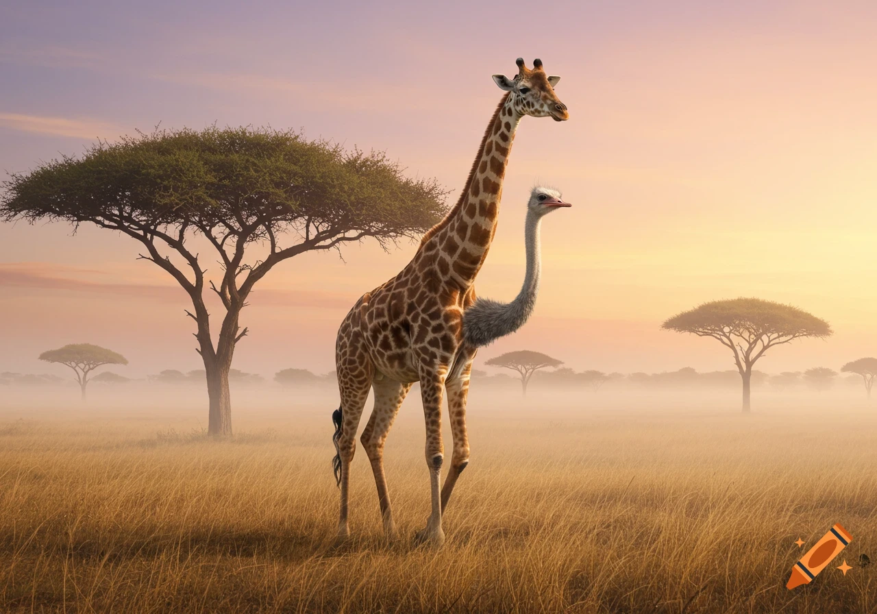A photorealistic hybrid creature with a giraffe's head and neck on an ostrich body stands in a misty savanna at sunset.