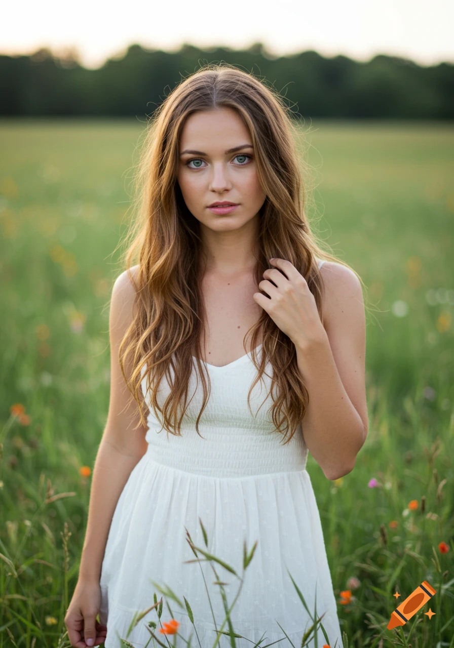 A young woman with long wavy brown hair and a white dress stands in a sunny green field.