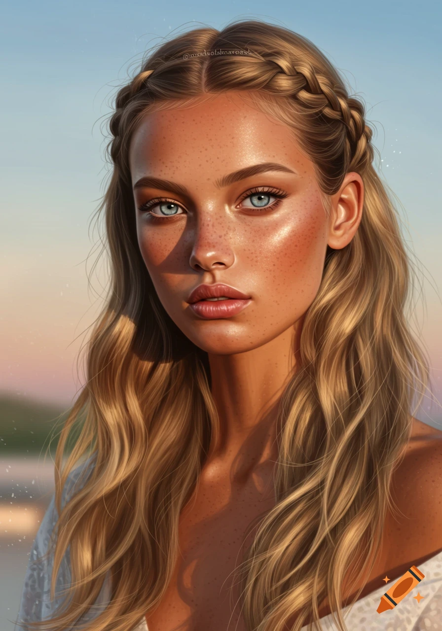 Photorealistic close-up portrait of a young woman with blue eyes, freckles, blonde hair, and a crown braid.