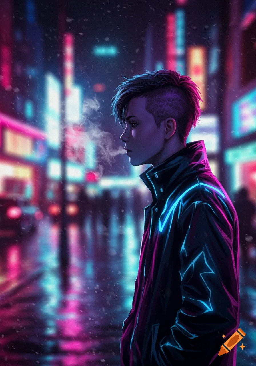Digital art of a teen boy with an undercut in a neon-lit cyberpunk city at night, exhaling smoke.