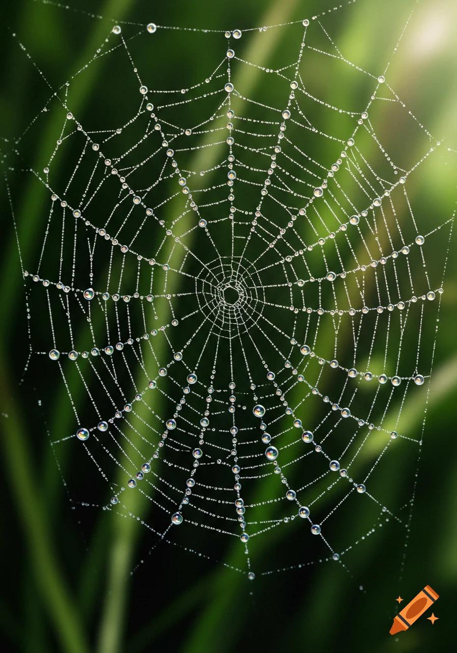 A detailed view of a spiderweb covered in sparkling water droplets, reflecting subtle rainbow colors against a soft green background.