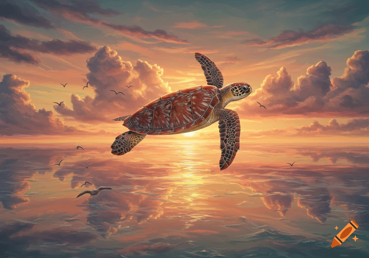 A sea turtle with a patterned shell flies through a vibrant sunset sky above a reflective ocean, with birds in the distance.