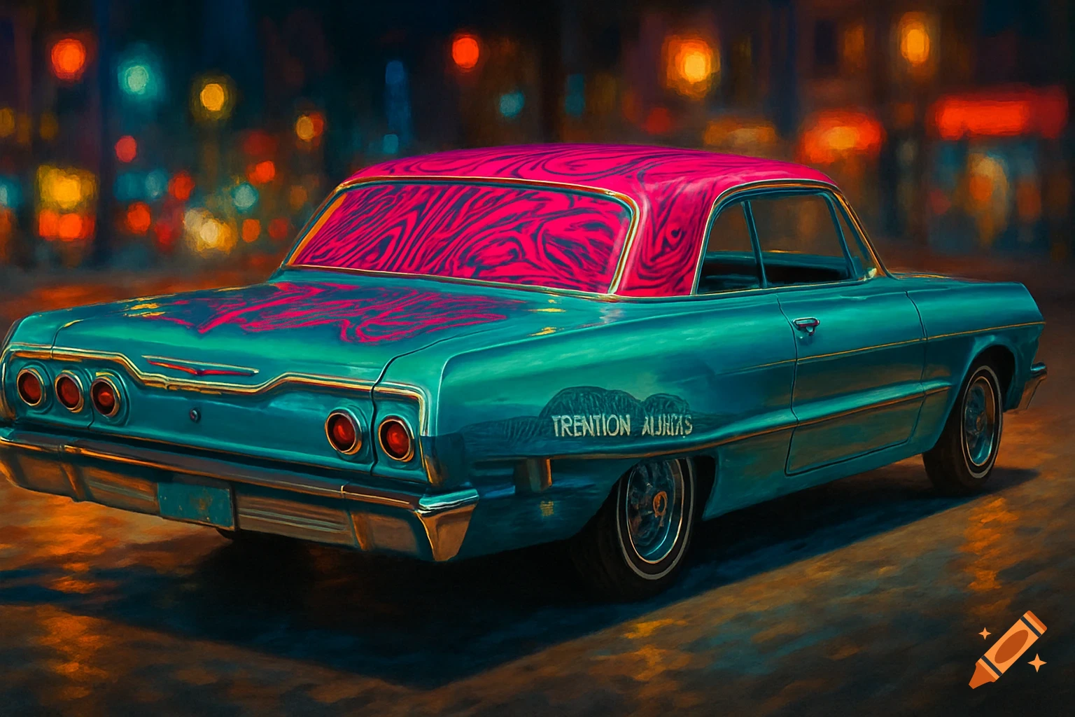 A teal 1963 Chevy Impala lowrider with a hot pink patterned roof, parked on a city street at night, with blurred colorful lights in the background. The car has abstract designs on the trunk and a garbled text on its side, painted in a vibrant, impressionistic style.