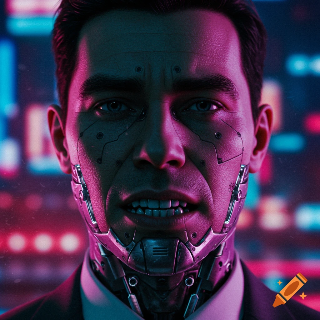 Close-up of a futuristic white man with cybernetic implants, a metal jaw with metal teeth, against a blurry neon cyberpunk city.