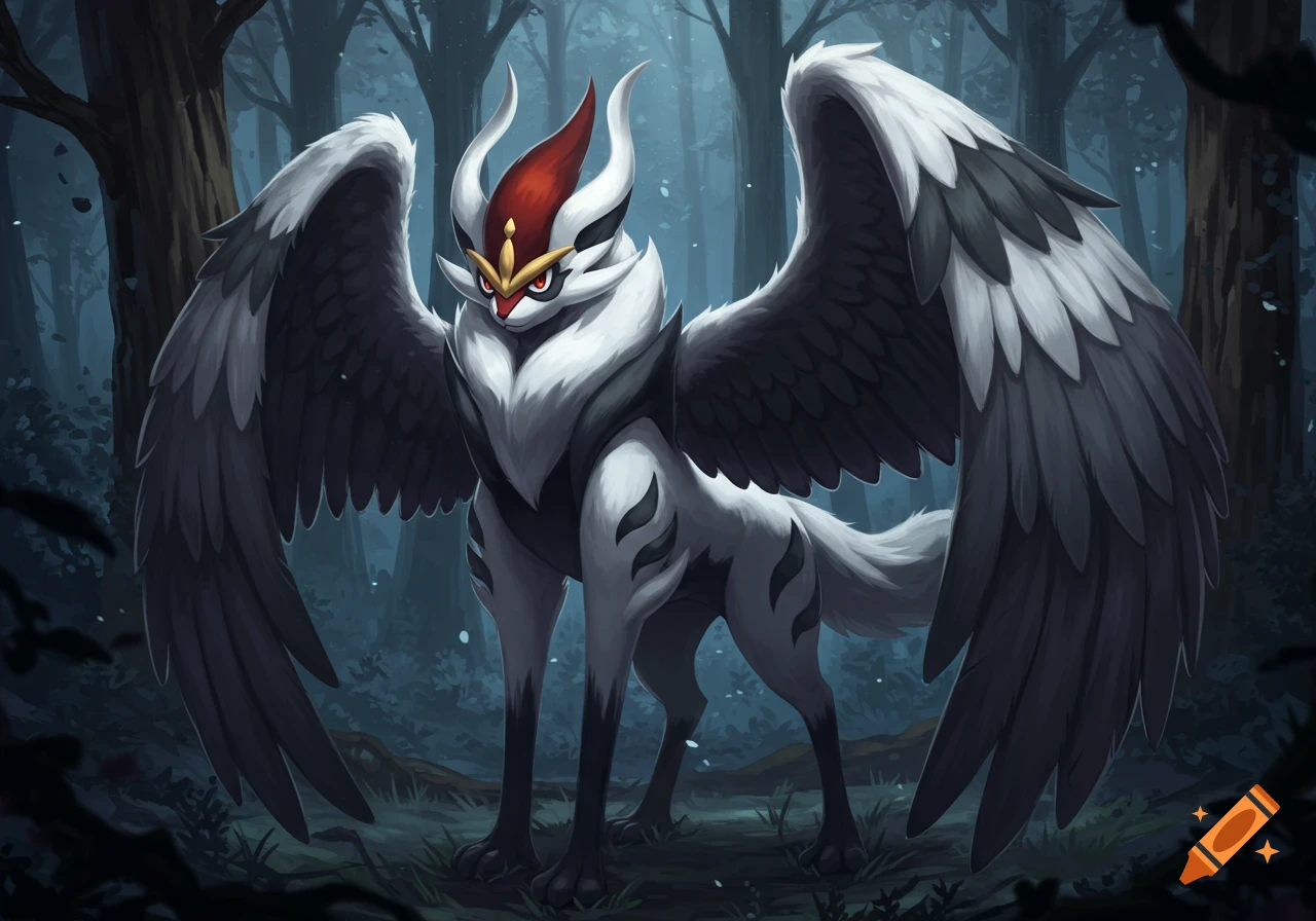 A majestic white and grey winged fantasy creature with a red crest and black accents stands in a dark, misty forest.