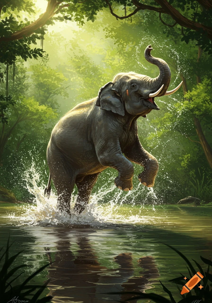 A majestic elephant rears up in a sun-dappled jungle river, splashing water with its trunk raised high.