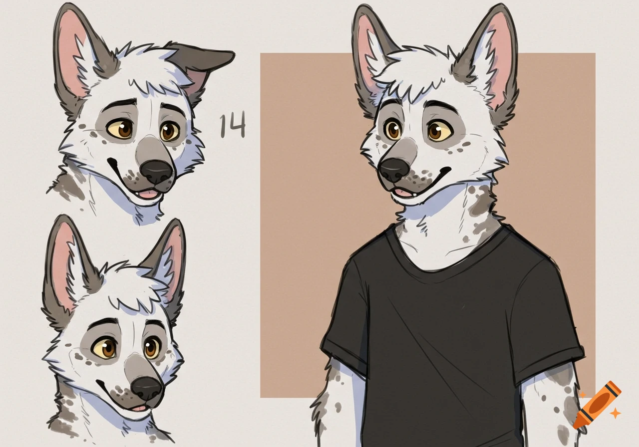 A sketch illustration of a white and grey spotted anthropomorphic dog character in three poses, wearing a black shirt.