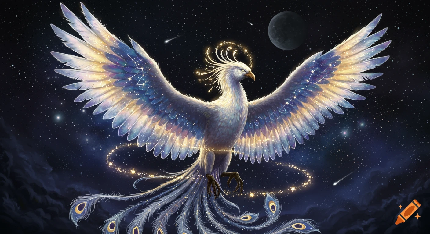 A majestic phoenix with glowing, constellation-patterned wings soars through a starry night sky with a moon.