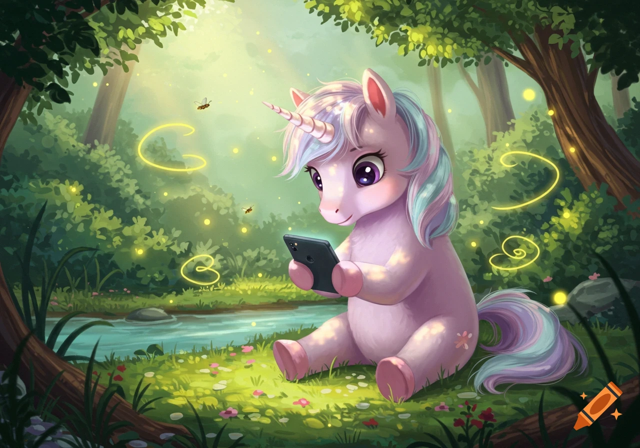 A cute pink unicorn with a rainbow mane sits in a magical forest, looking at a smartphone, surrounded by glowing fireflies.