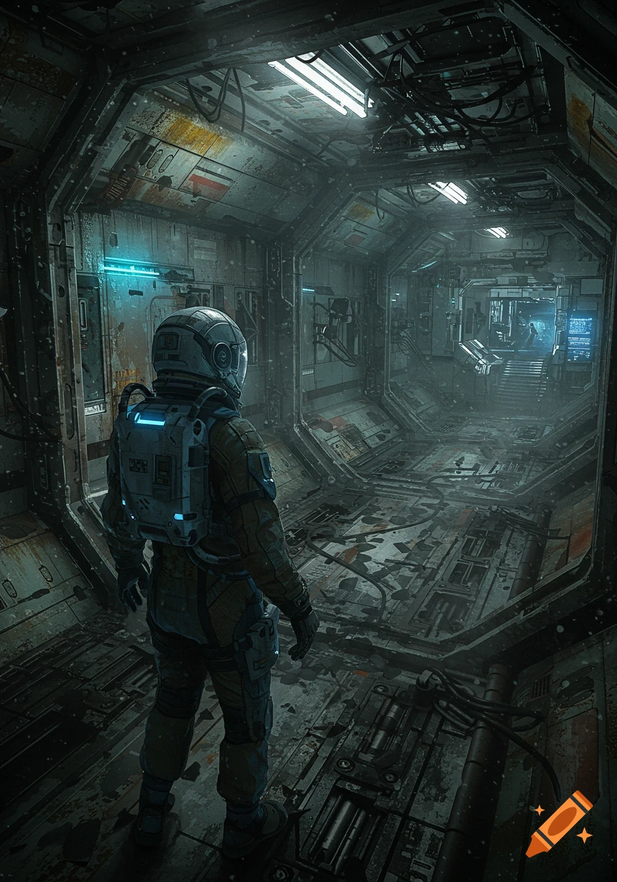 An astronaut in a bulky suit stands in a dark, grimy, derelict spaceship corridor with glowing blue lights, looking forward.
