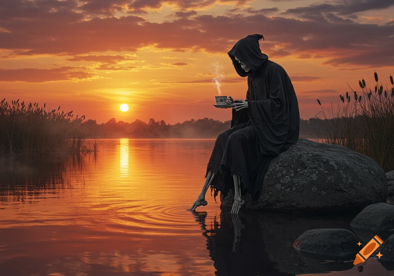 The Grim Reaper sits on a rock by a lake at sunset, dipping its skeletal foot in the water and drinking coffee.