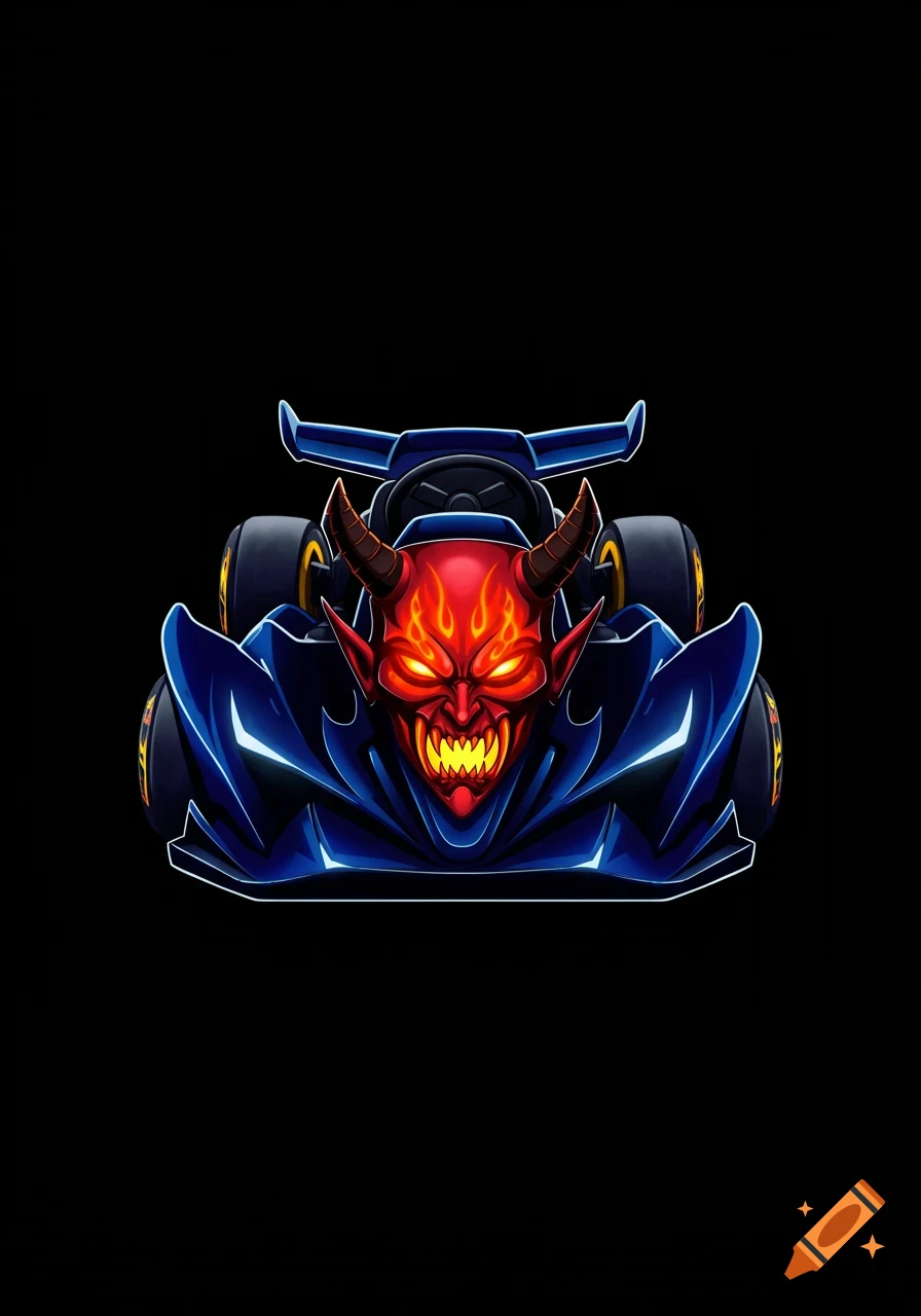 A dark blue arcade-style race kart with a fiery red demon face on the hood, against a black background.