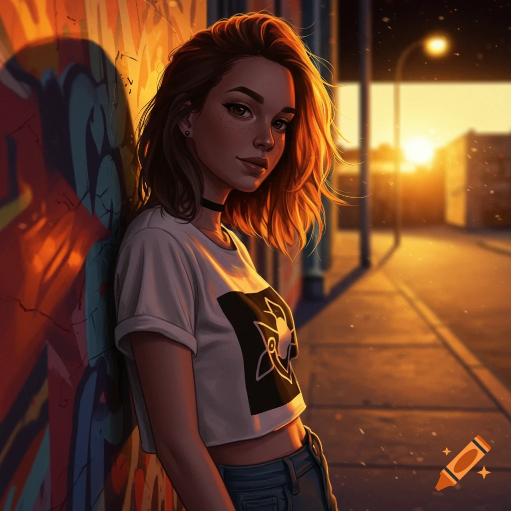 Stylized anime girl with short brown hair in a crop top and jeans leans against a graffiti wall at sunset, street in background.