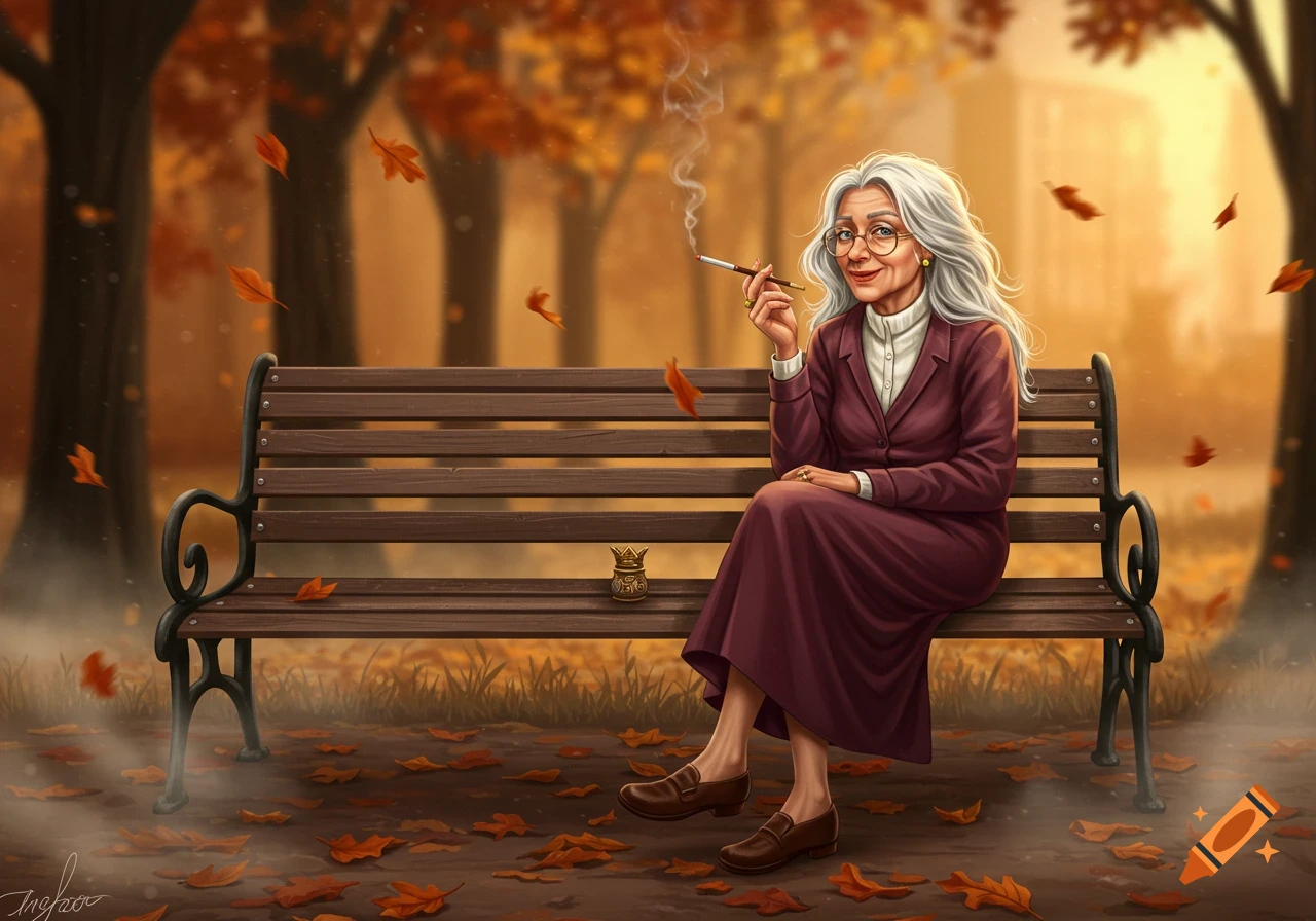 An illustration of a grey-haired old woman smoking on a park bench surrounded by falling autumn leaves at sunset.