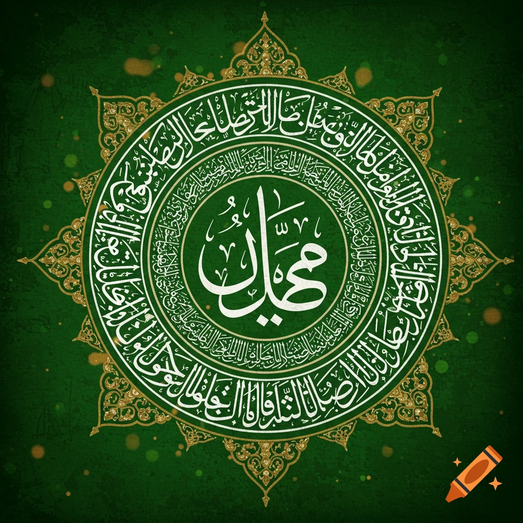 Intricate green and gold circular Islamic design with white Arabic calligraphy and ornamental patterns on a textured green background.