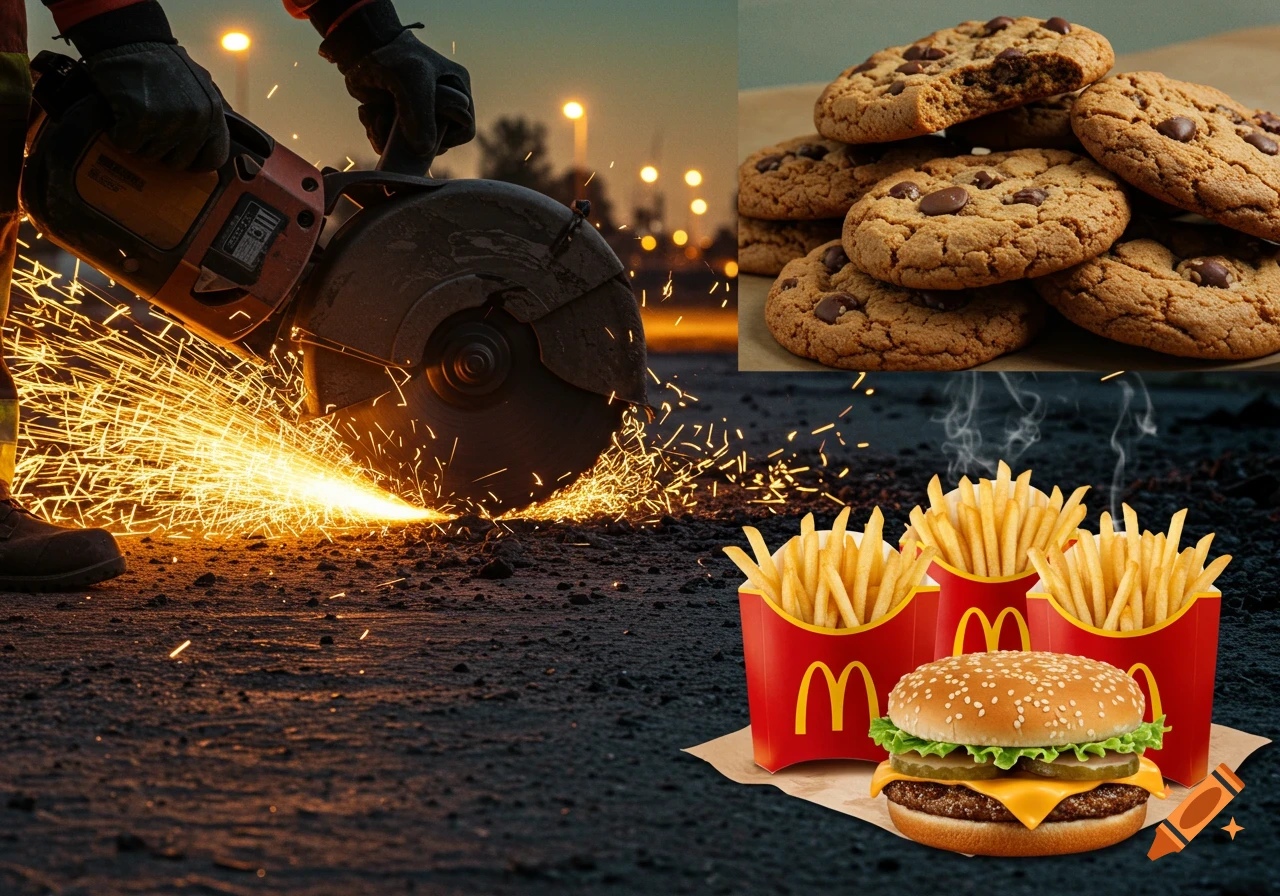 A collage showing a person cutting metal with a saw and sparks flying, a pile of chocolate chip cookies, and McDonald's fries and a burger.