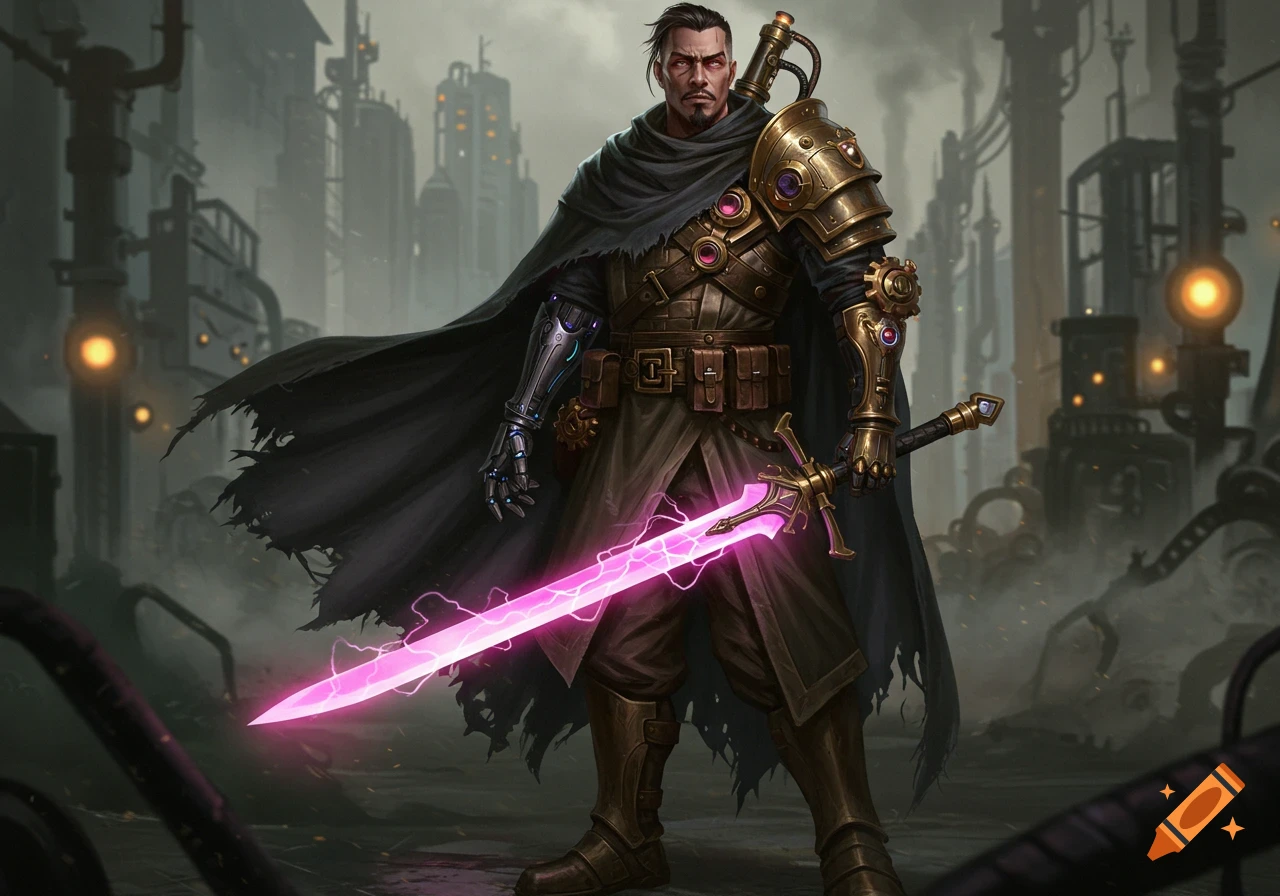 A detailed illustration of a steampunk warrior with mechanical augmentations, dark cloak, and a glowing pink plasma sword, standing in an industrial city.