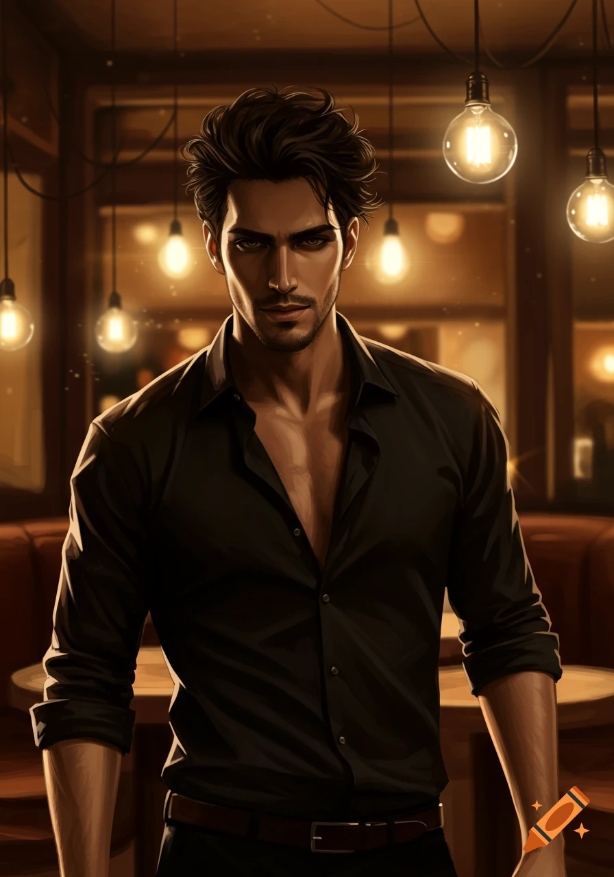 Stylized illustration of a dark-haired man in an unbuttoned black shirt, looking forward in a dimly lit bar with lights.