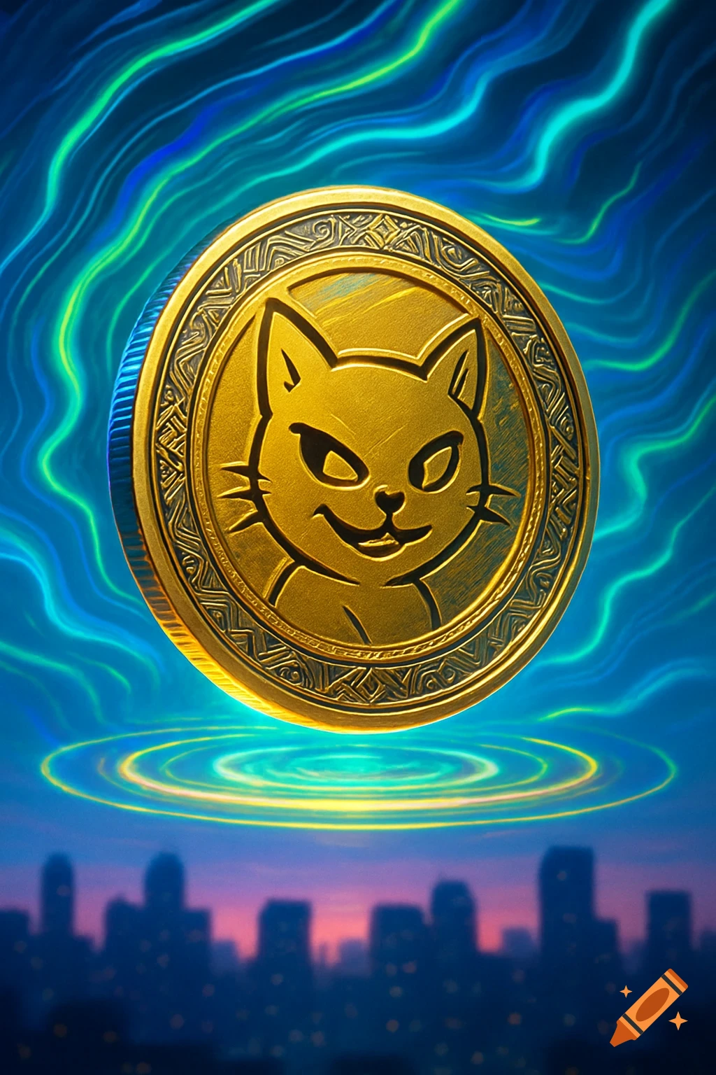 A stylized gold coin featuring a cat's face, floating above a city skyline under a vibrant blue and green sky with glowing rings.