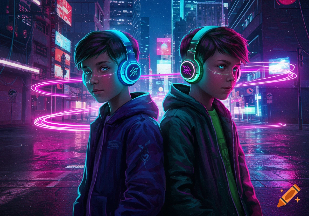 Two boys with glowing headphones stand back-to-back in a neon-lit, futuristic cyberpunk city at night, digital art.