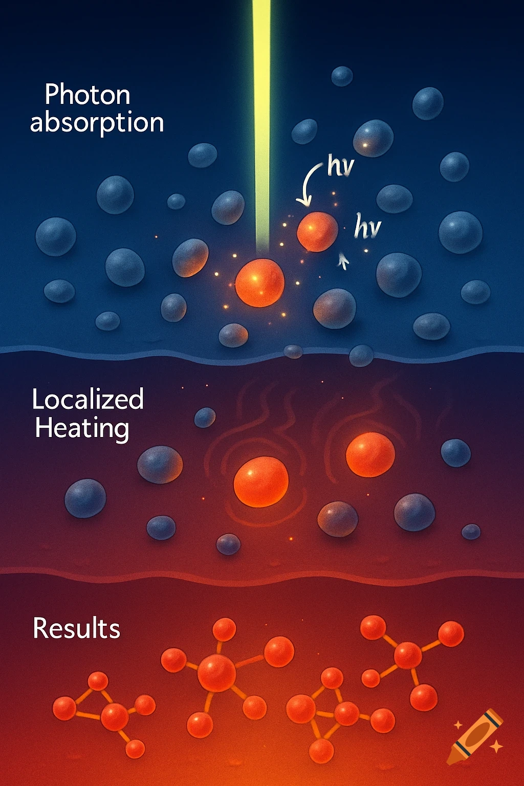 Scientific diagram showing photon absorption, localized heating, and molecular changes, with text labels for each stage.