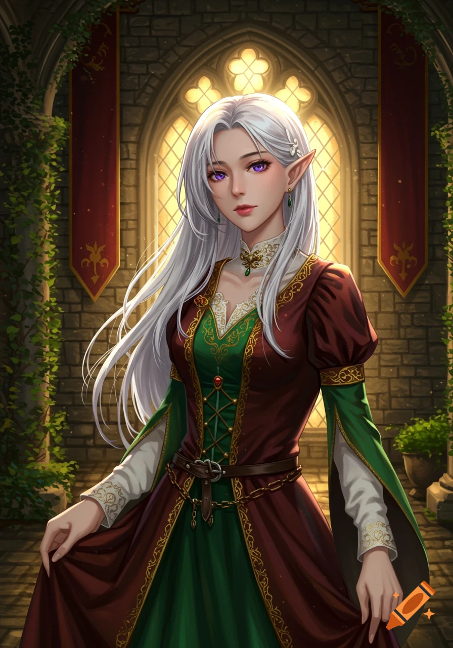 A fantasy woman with silver hair and purple eyes in a medieval green and maroon dress stands in a stone hall.