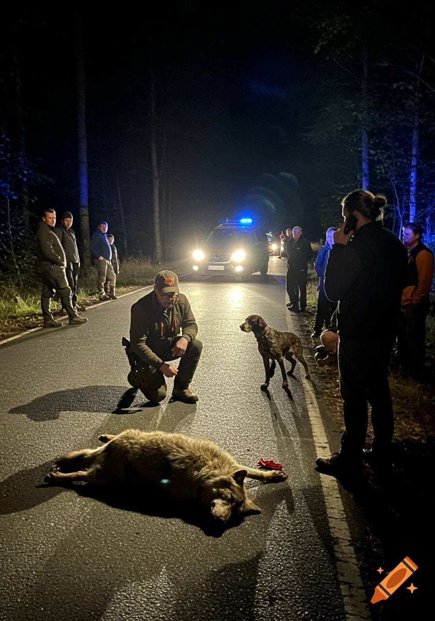 A night scene on a forest road with a dead wolf, a kneeling hunter, a hunting dog, a police car with flashing lights, and onlookers.
