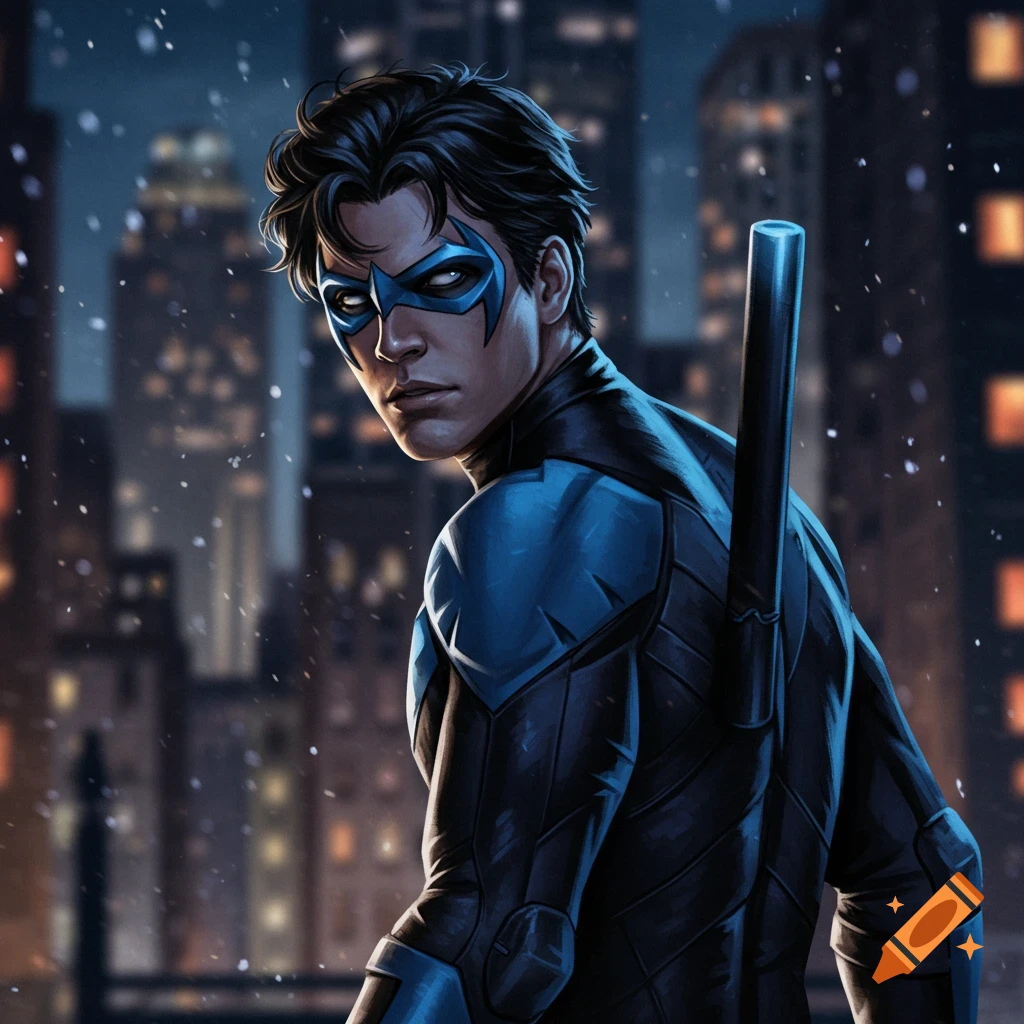 Nightwing, in his blue and black suit, looks back over his shoulder against a snowy night city skyline in comic book art.