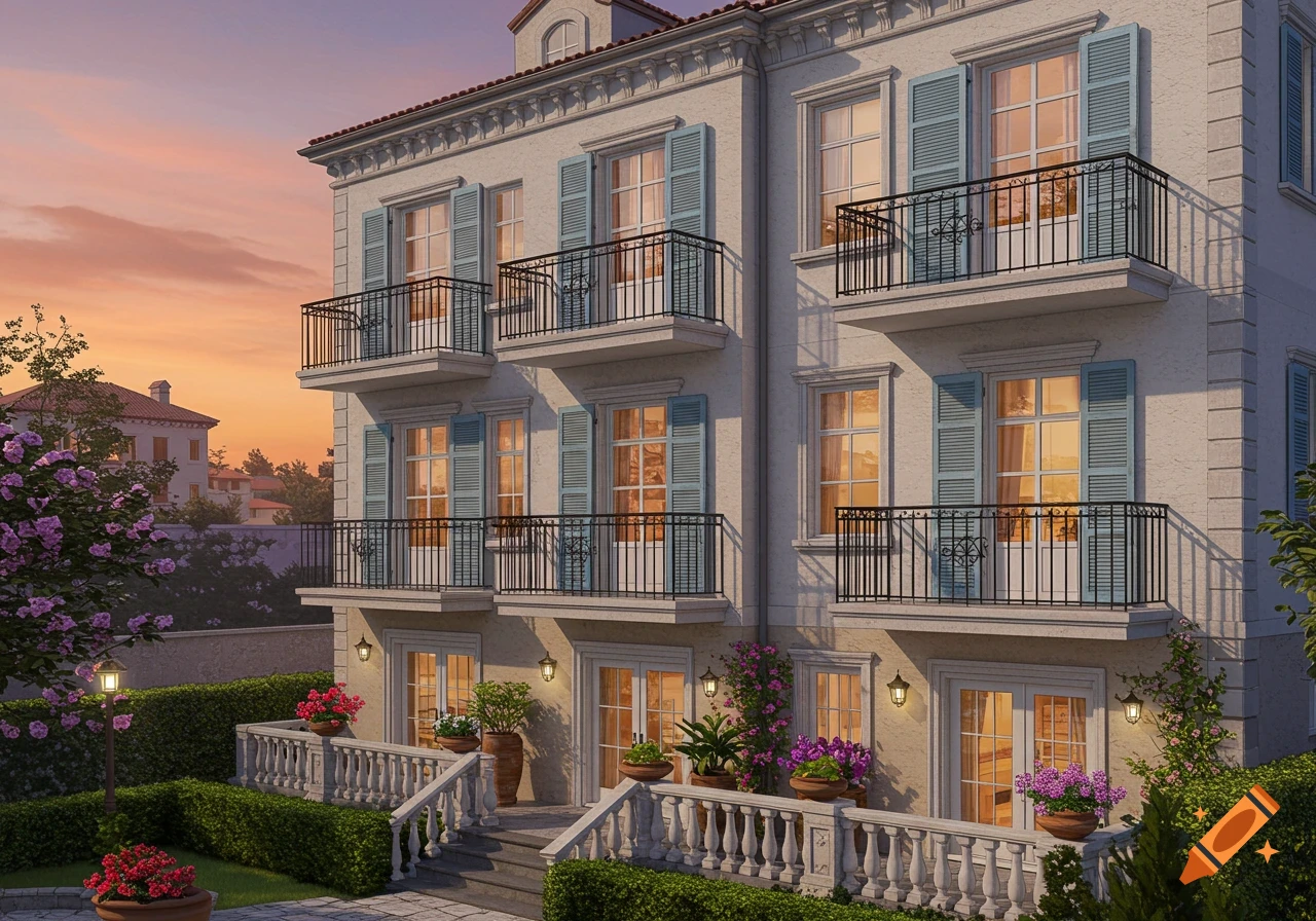 A beautiful multi-story building with light blue shutters and balconies, surrounded by lush gardens, bathed in the warm light of a sunset.