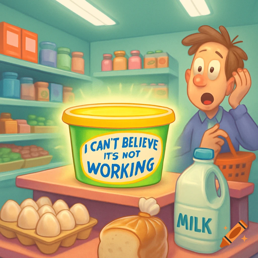 Cartoon man in a grocery store looks shocked at a glowing green tub labeled 'I CAN'T BELIEVE IT'S NOT WORKING' next to milk, eggs, and bread.
