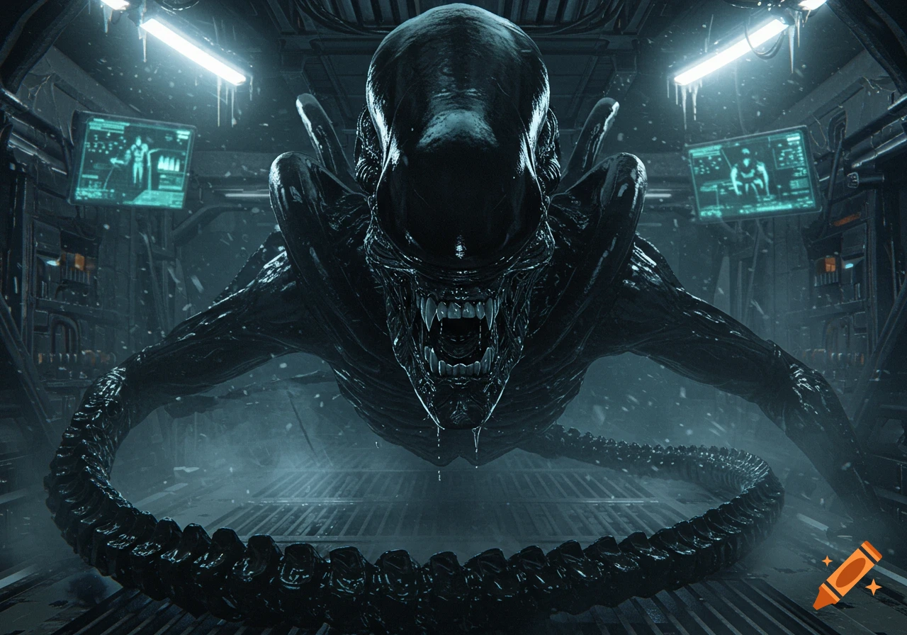 A terrifying, black Xenomorph alien with sharp teeth and a long segmented tail in a dark, icy sci-fi spaceship hallway with glowing screens.