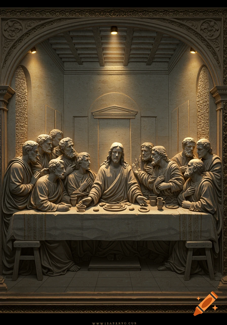 A bas-relief sculpture of Jesus and his twelve disciples at The Last Supper, with dramatic lighting.