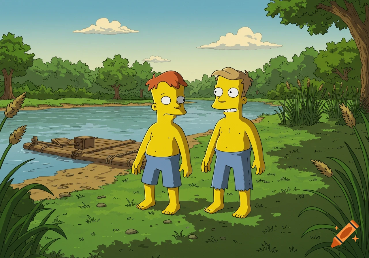 Two shirtless cartoon boys resembling Tom Sawyer and Huckleberry Finn in blue shorts stand by a river with a wooden raft in a Simpsons-like style.
