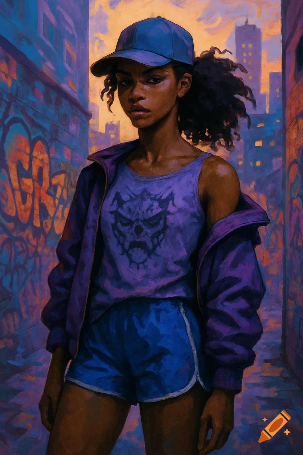 A stylized digital painting of a woman in a blue cap, purple jacket, lavender tank top, and blue shorts, standing in a graffiti-filled alley with city buildings behind her.