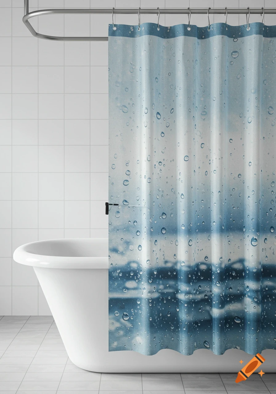 A clean, modern bathroom with a white freestanding bathtub and a shower curtain patterned with realistic water droplets.