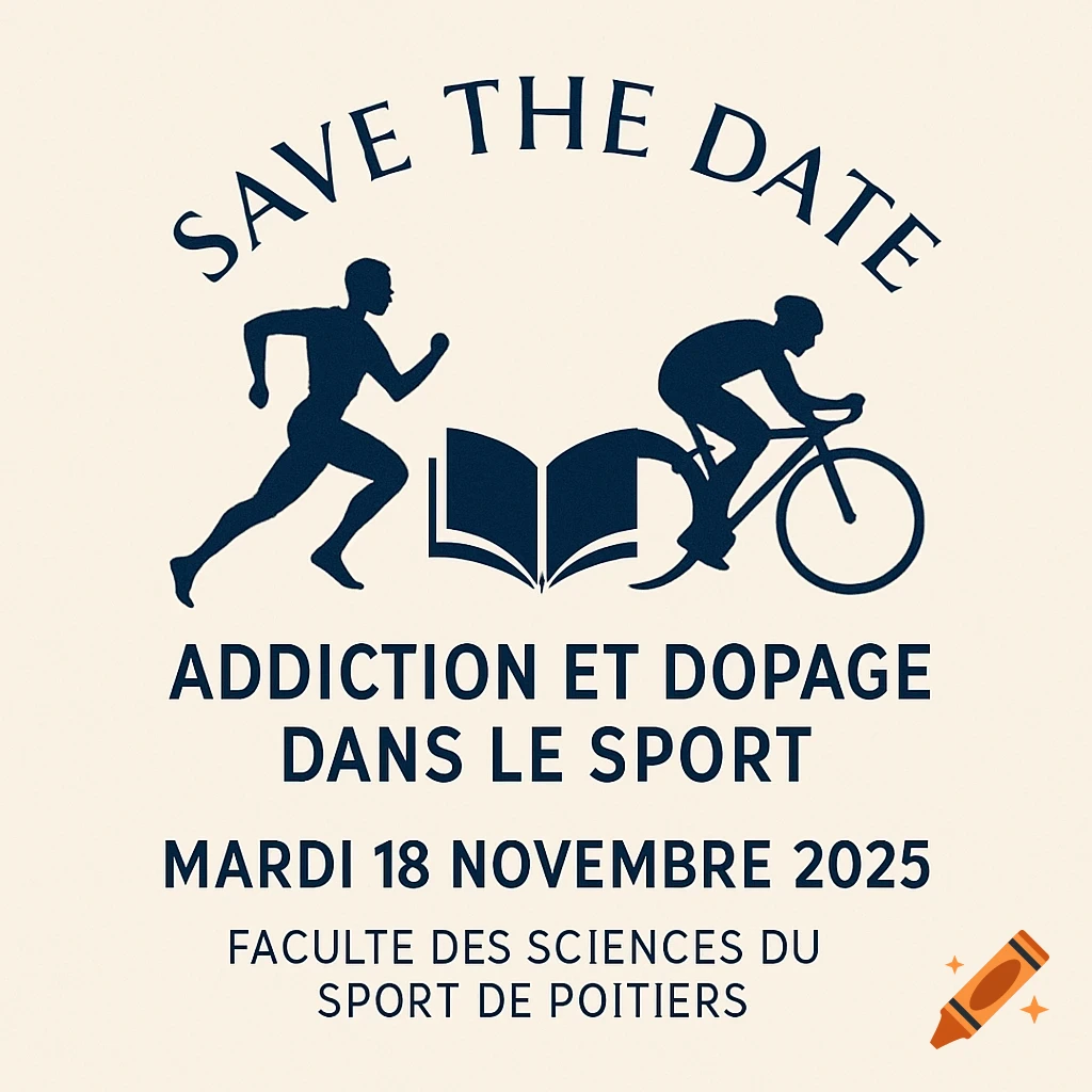 Save the date logo for a study day on addiction and doping in sports, featuring silhouettes of a runner, an open book, and a cyclist.