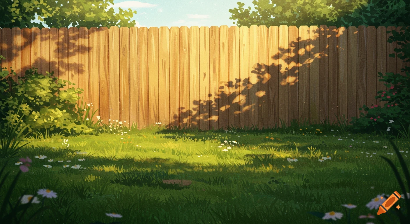 An idyllic watercolor painting of a suburban backyard at late afternoon, with a tall wooden fence, lush grass, bushes, and dappled golden sunlight.