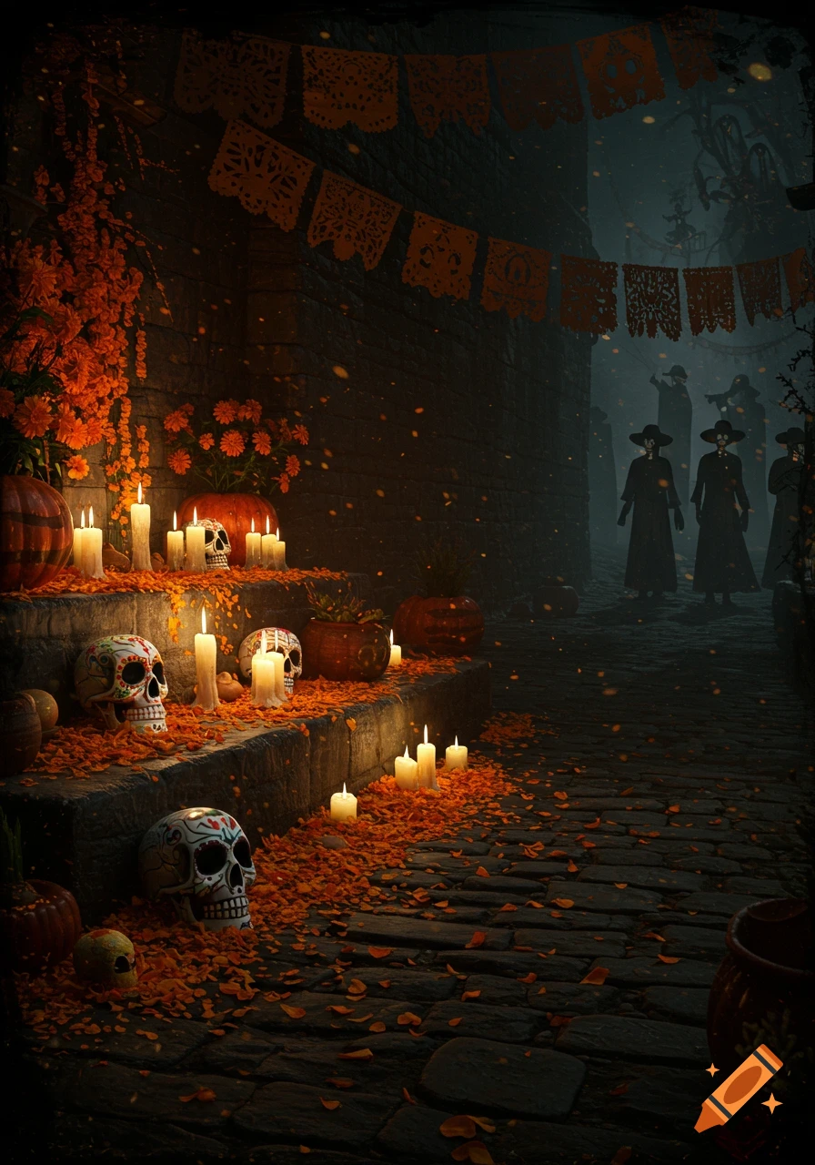 A dark alley adorned with decorative skulls, marigold petals, and lit candles for Day of the Dead. Shadowy figures loom.