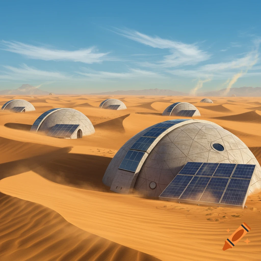 Futuristic concrete dome habitats with solar panels partially buried in a windswept desert under a clear blue sky.