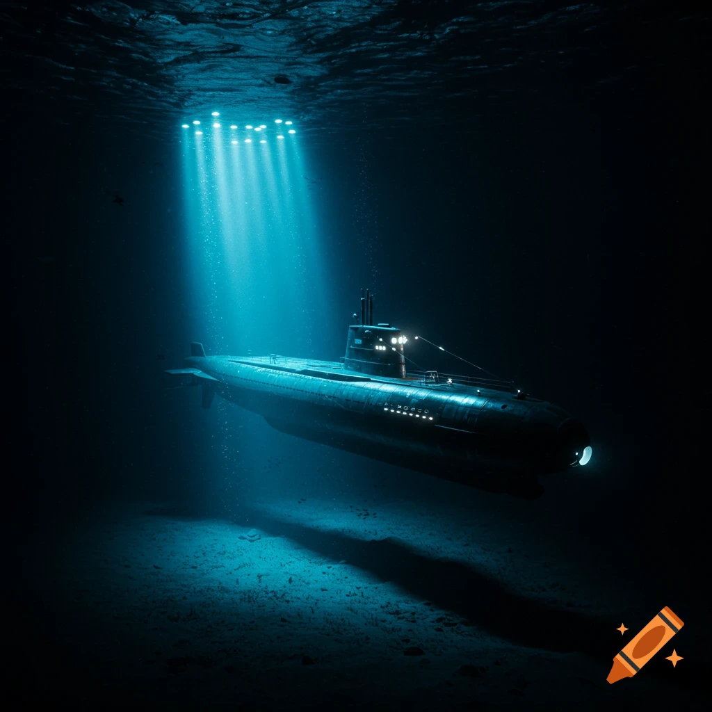 A photorealistic image of a submarine descending into the deep, dark ocean, illuminated by its own bright artificial lights.