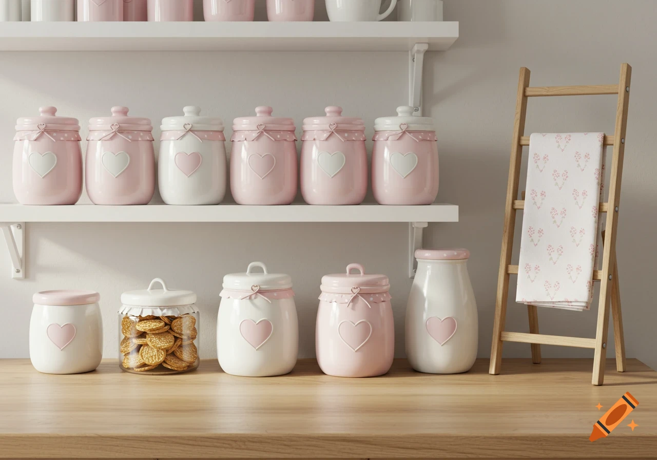 Pink and white pantry jars with heart designs on white shelves and a light wood kitchen counter. A small wooden ladder with a patterned towel hangs nearby. Photorealistic.