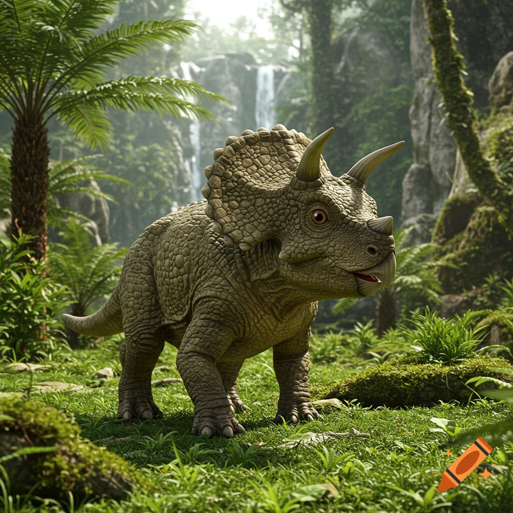 A photorealistic baby triceratops stands in a lush green jungle with a waterfall.