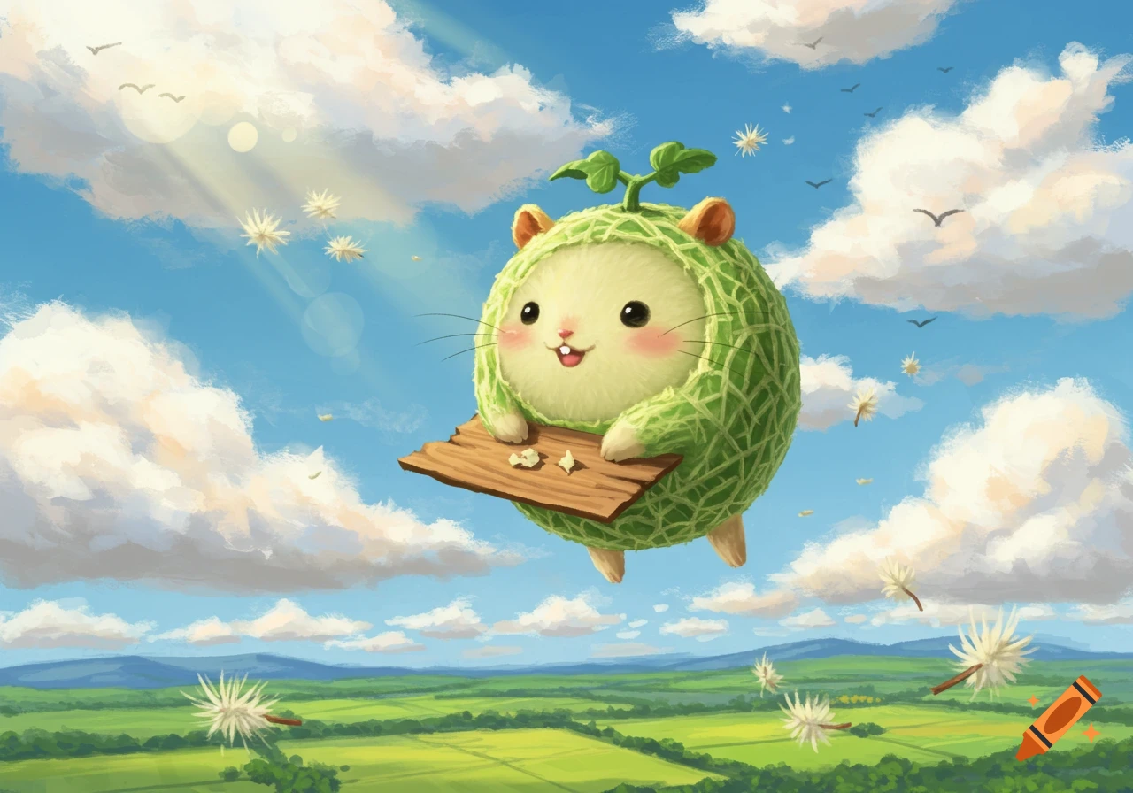 A cute, round, fuzzy creature in a melon costume flies in a blue sky with clouds and a green landscape below, holding a piece of wood, illustrated.