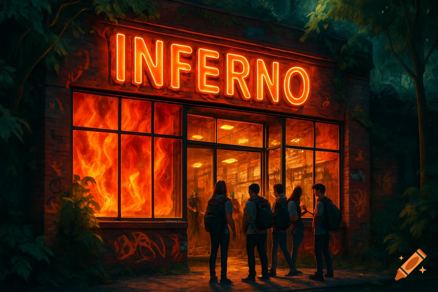 A neon sign displaying 'INFERNO' above a store window filled with fire. Silhouetted people stand outside.