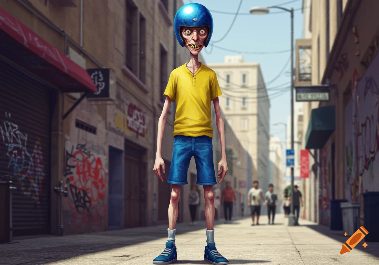 A grotesque, skinny cartoon man in a blue helmet, yellow shirt, blue shorts, and blue shoes stands in an urban street with graffiti.