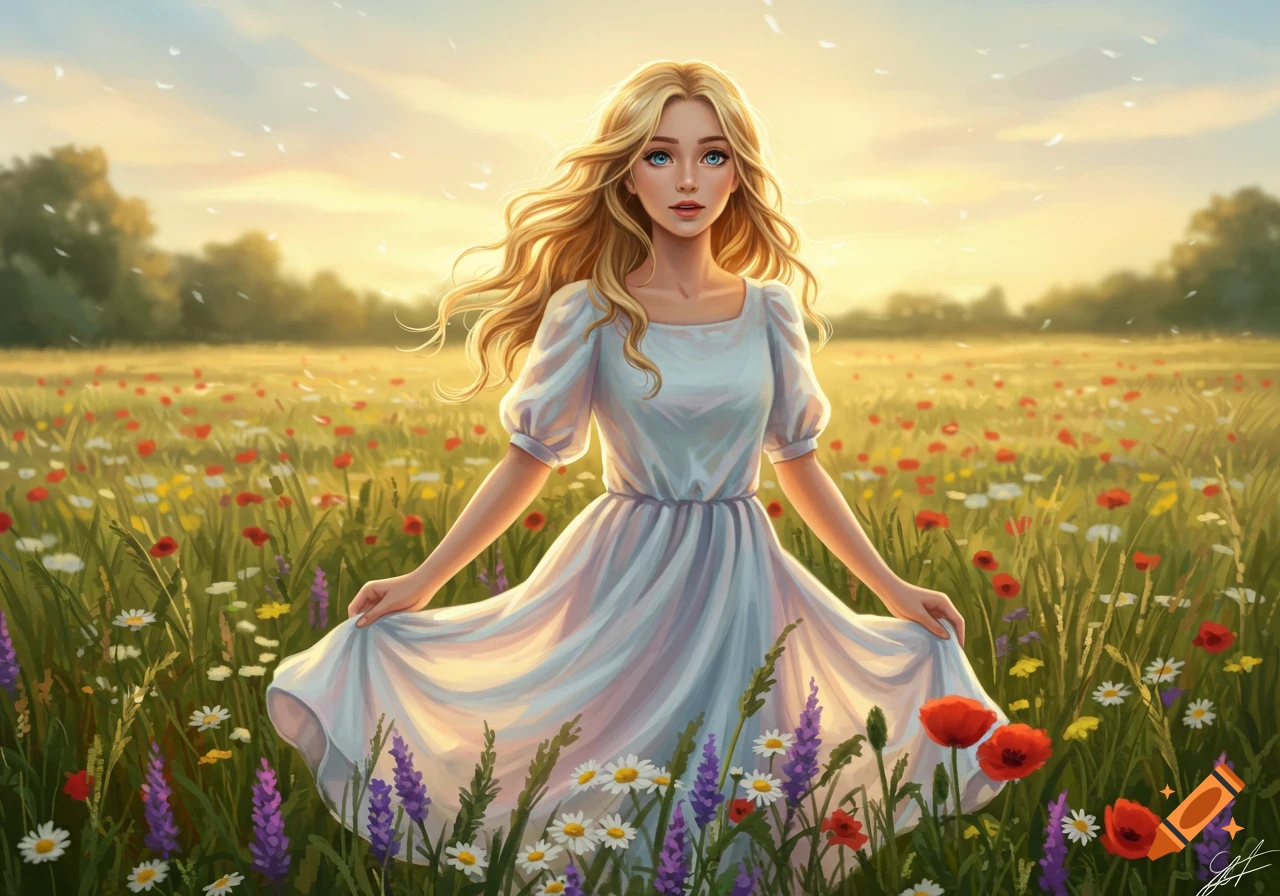 Digital painting of a beautiful blonde girl in a white dress standing in a sunny field of red and purple wildflowers.